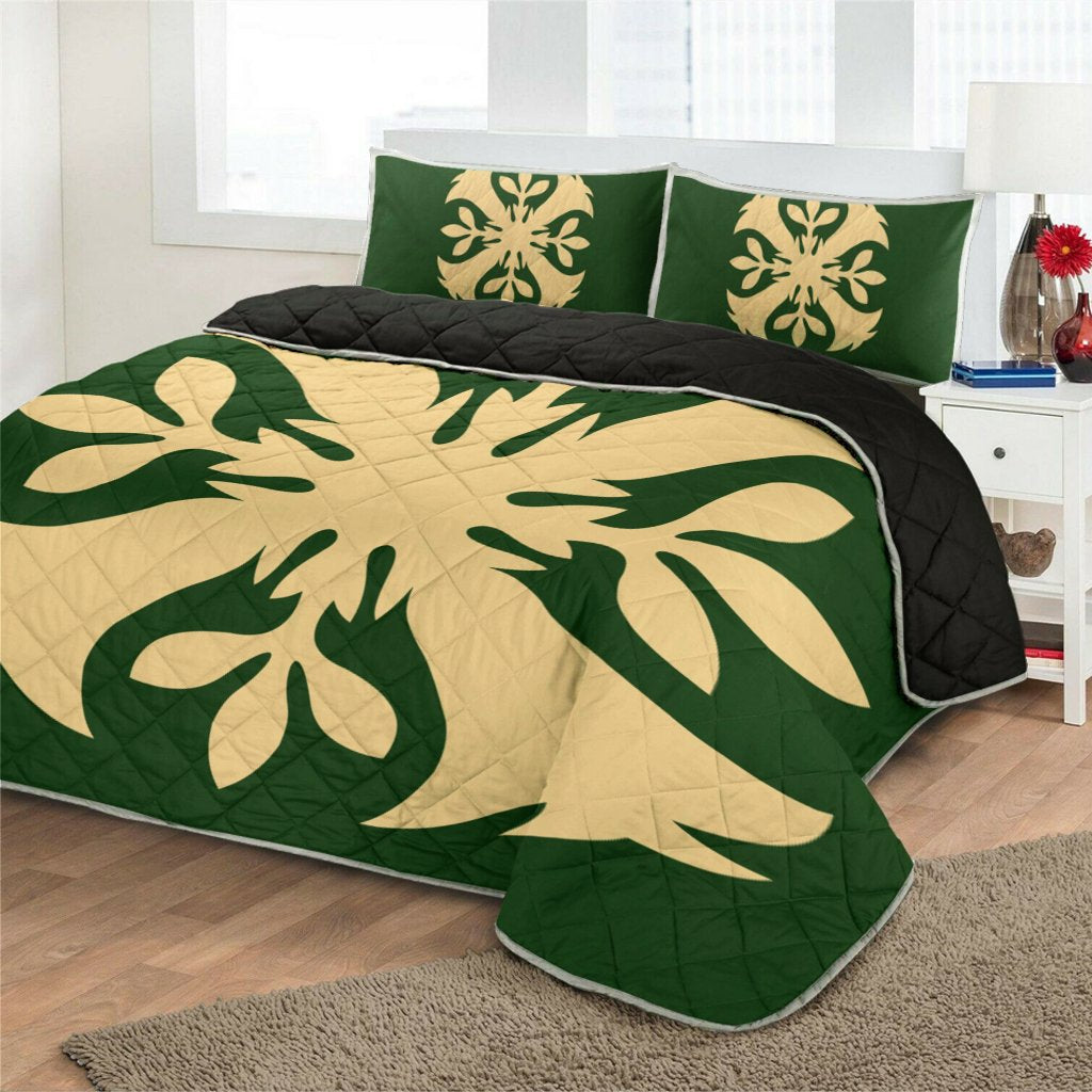 Hawaiian Royal Pattern Quilt Bed Set - Green - F3 Style - AH - Polynesian Pride