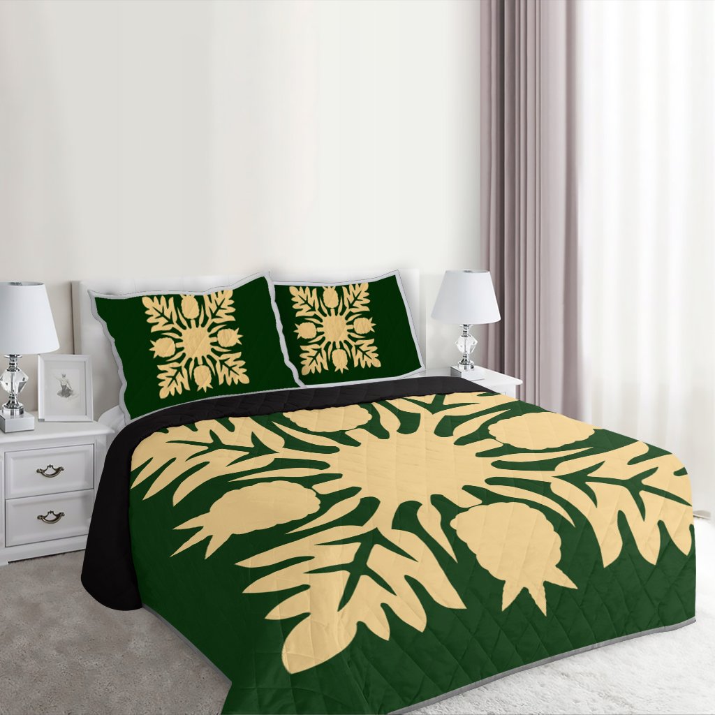 Hawaiian Royal Pattern Quilt Bed Set - Green - N1 Style - AH - Polynesian Pride