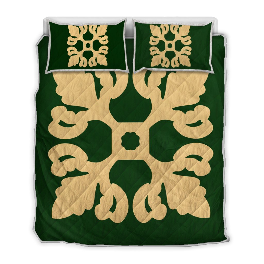 Hawaiian Royal Pattern Quilt Bed Set - Green - M1 Style - AH Green - Polynesian Pride