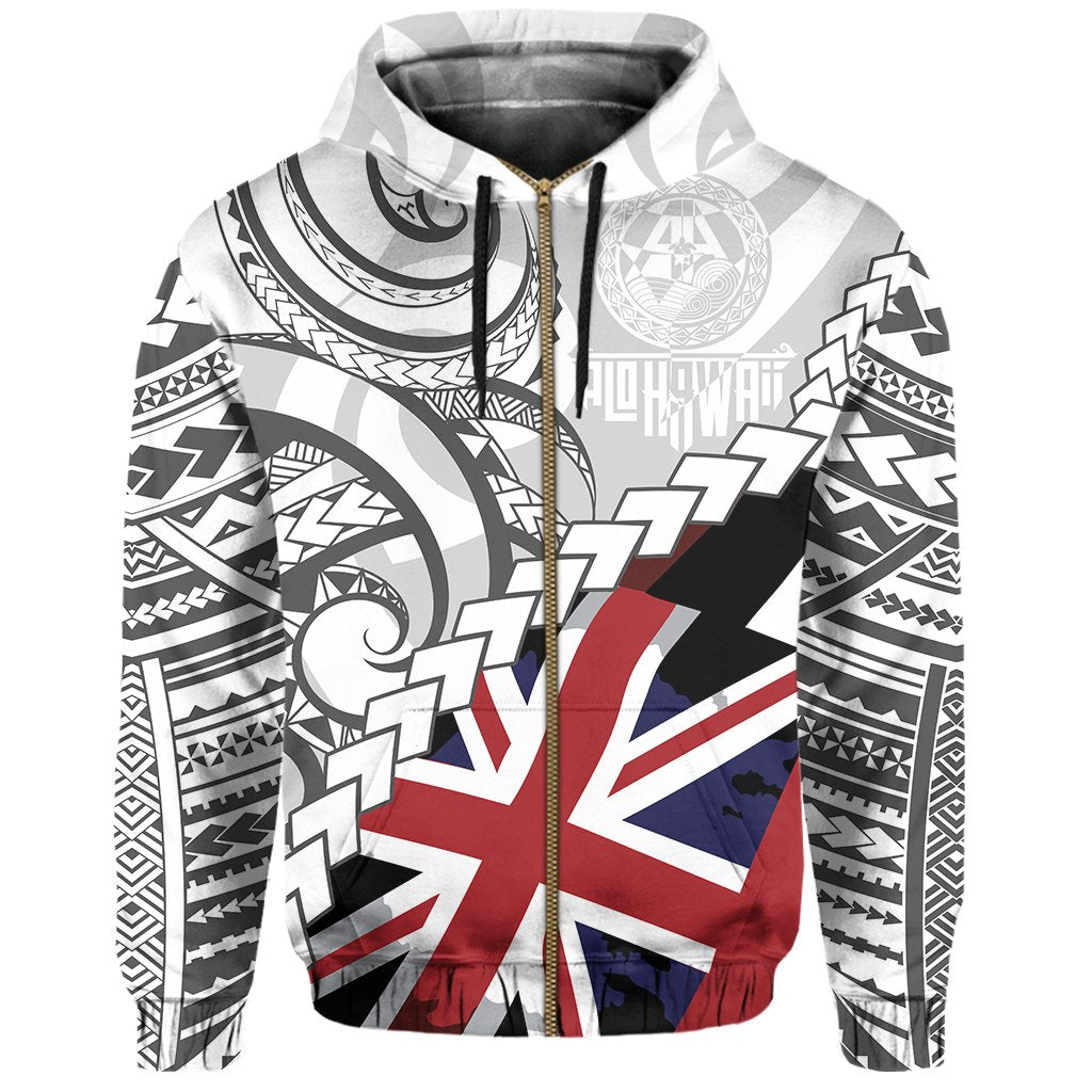 Polynesian Kakau Flag of Hawaii Zip Hoodie Grey - Polynesian Pride