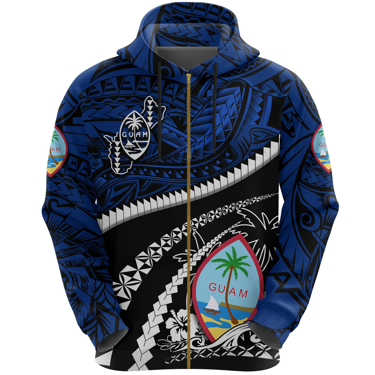 Guam Zip up Hoodie Polynesian Shark Tattoo Unisex Blue - Polynesian Pride