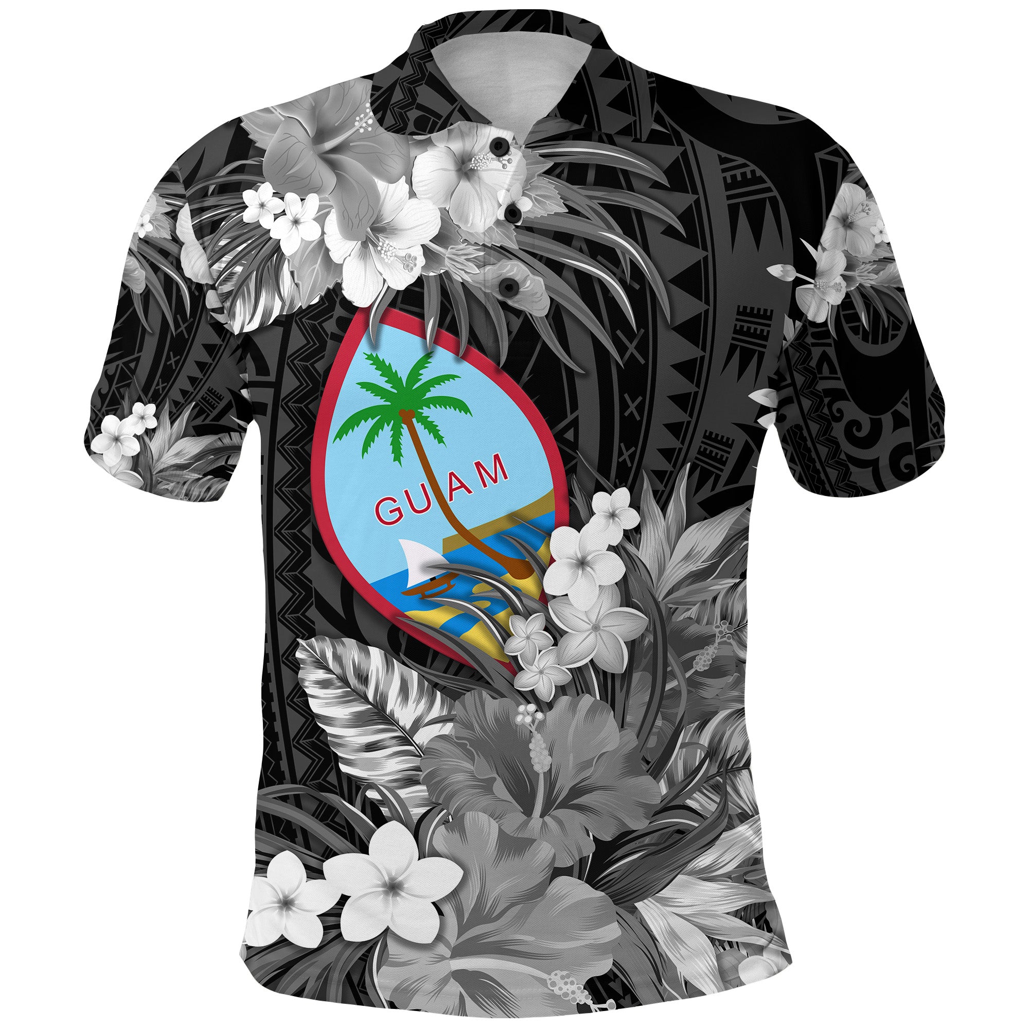 Custom Guam Polynesian Polo Shirt Tropical Flowers Black LT8 - Polynesian Pride