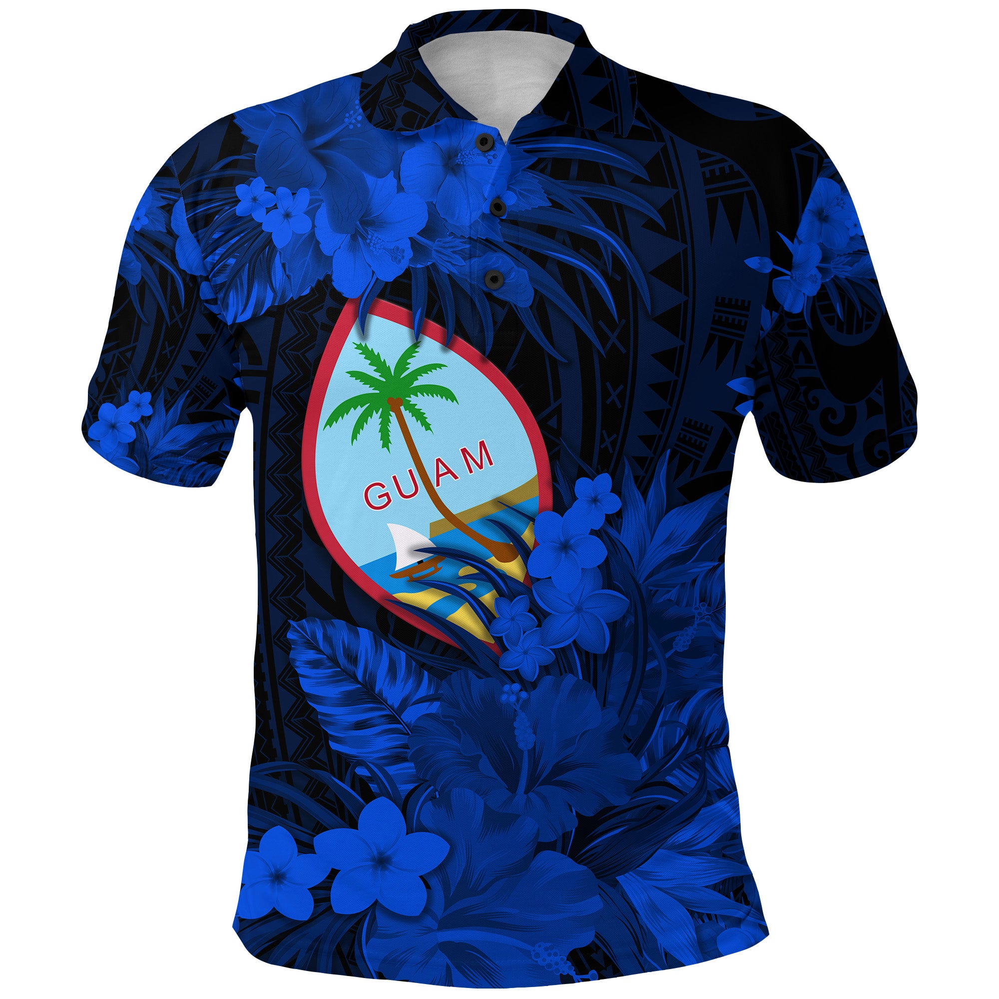 Custom Guam Polynesian Polo Shirt Tropical Flowers Blue LT8 - Polynesian Pride