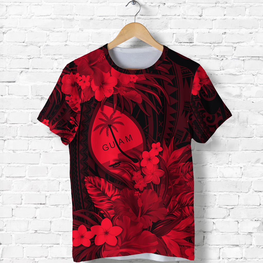 Custom Guam Polynesian T Shrt Tropical Flowers Red LT8 - Polynesian Pride