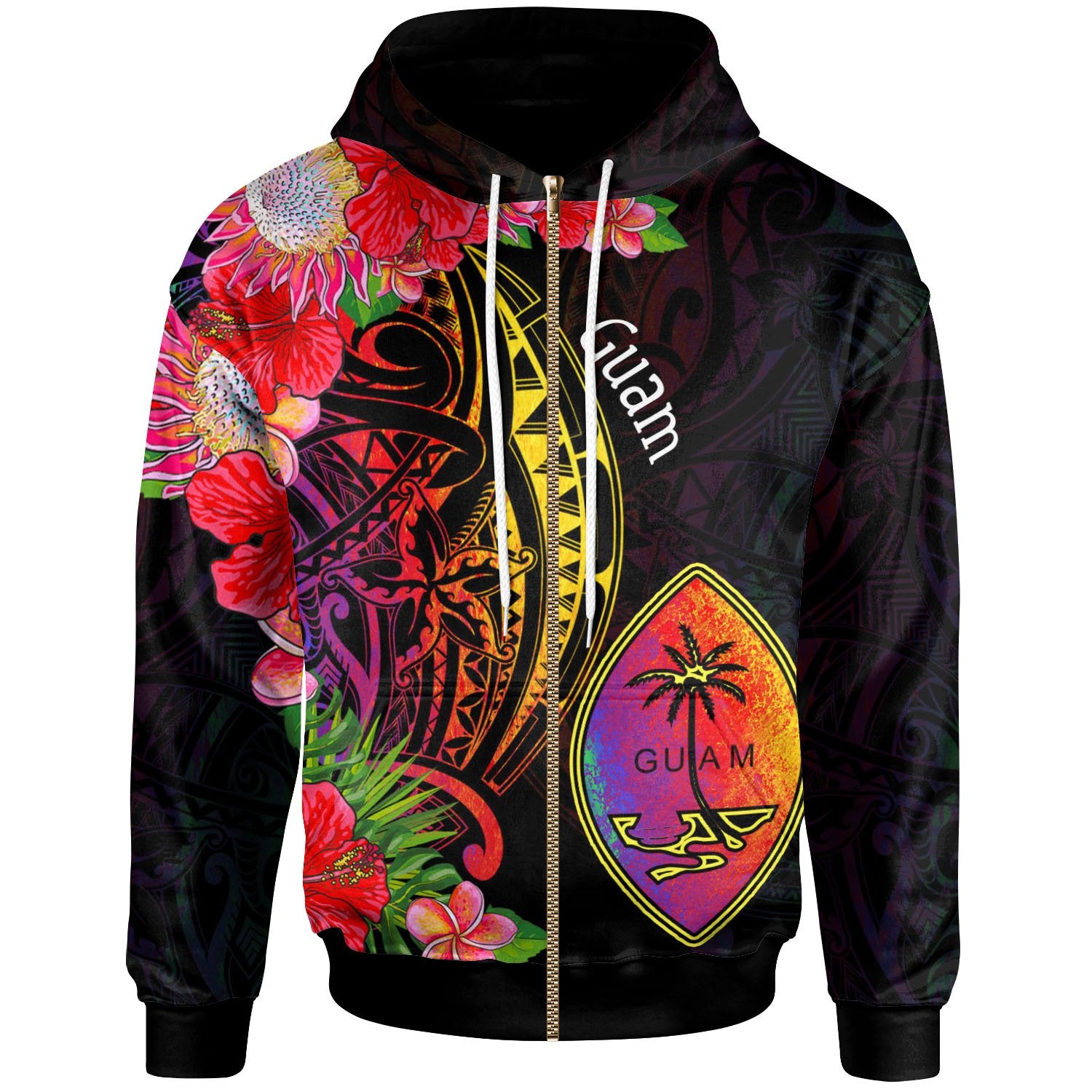 Guam Zip Hoodie Tropical Hippie Style Unisex Black - Polynesian Pride