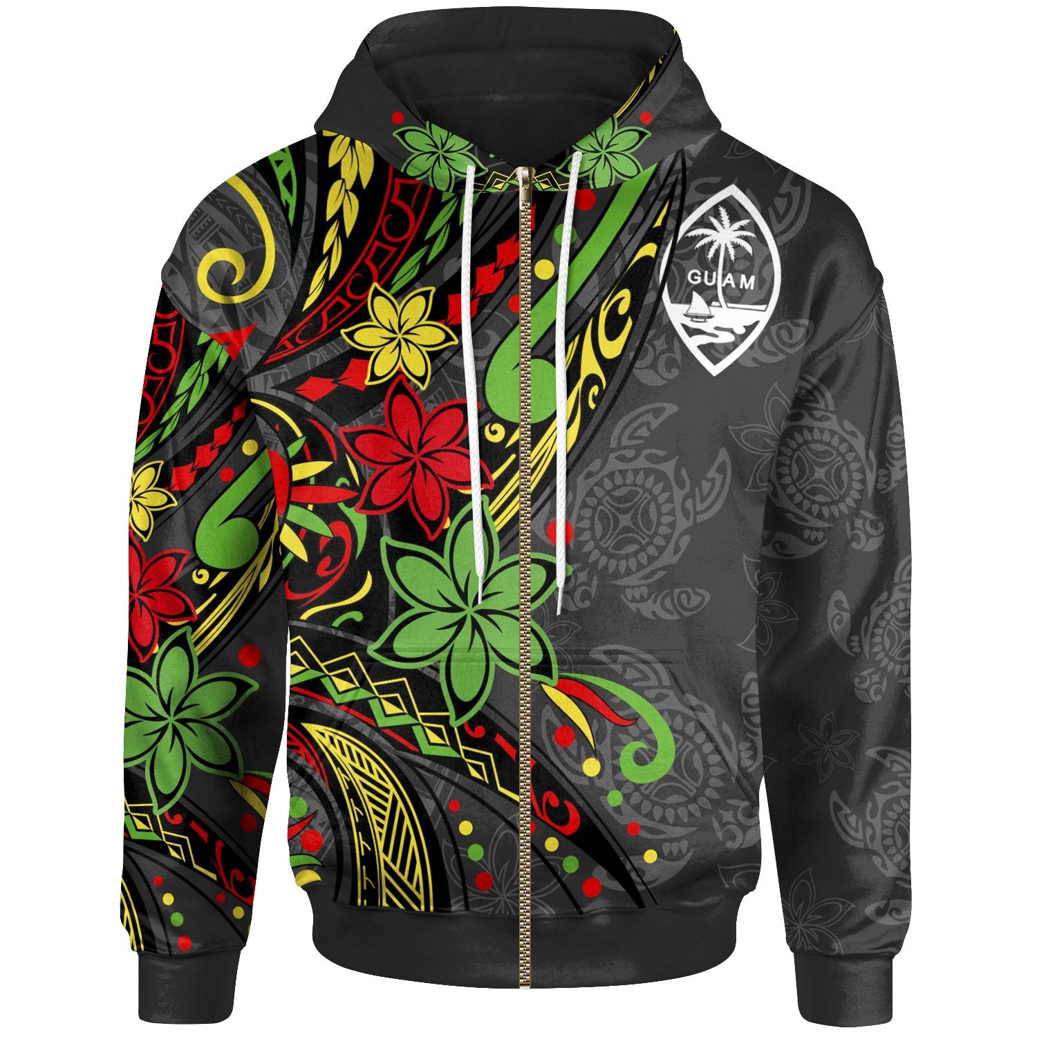 Guam Zip Hoodie Tribal Flower With Special Turtles Unisex Black - Polynesian Pride