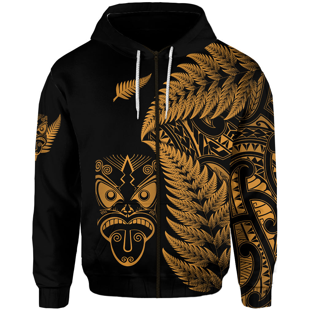 Custom New Zealand Haka Rugby Maori Zip Hoodie Silver Fern Vibes Gold LT8 - Polynesian Pride