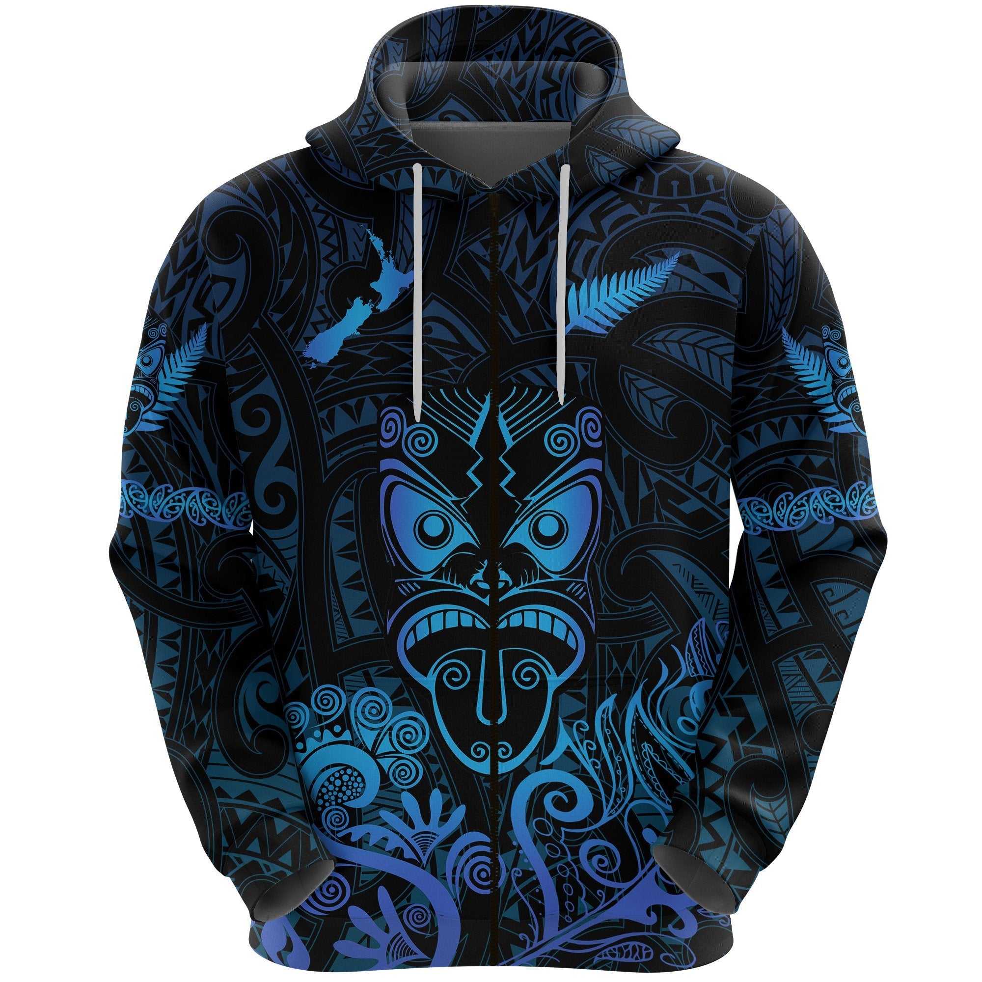 Maori Aotearoa Rugby Haka Zip Hoodie New Zealand Silver Fern Blue Unisex Blue - Polynesian Pride