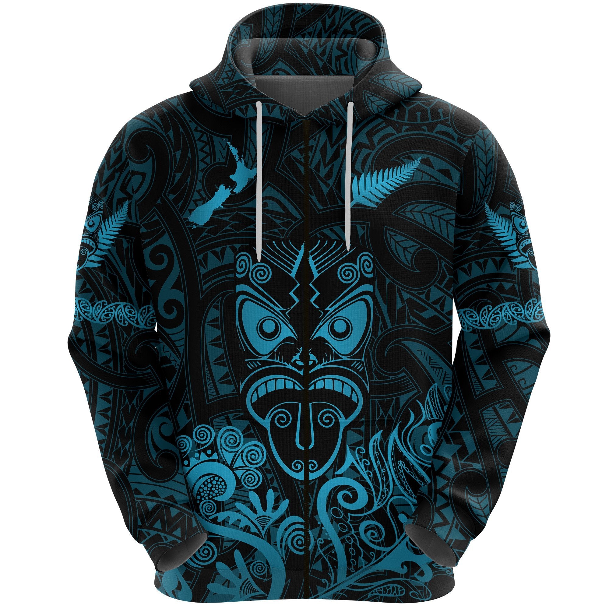 Maori Aotearoa Rugby Haka Zip Hoodie New Zealand Silver Fern Turquoise Unisex Turquoise - Polynesian Pride