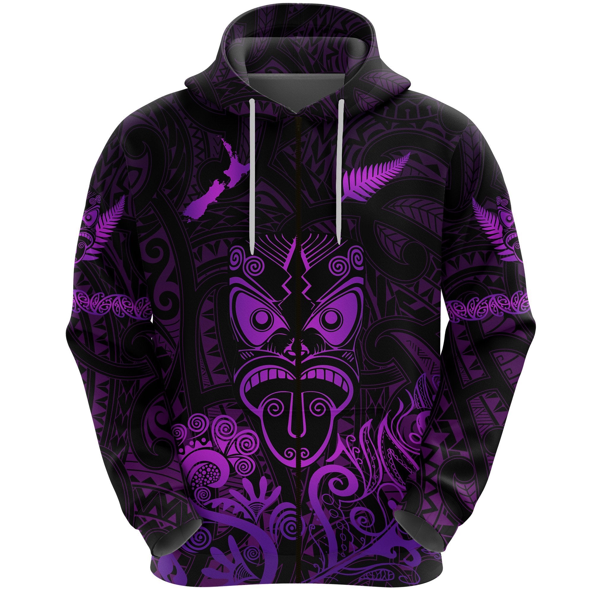 Maori Aotearoa Rugby Haka Zip Hoodie New Zealand Silver Fern Purple Unisex Purple - Polynesian Pride