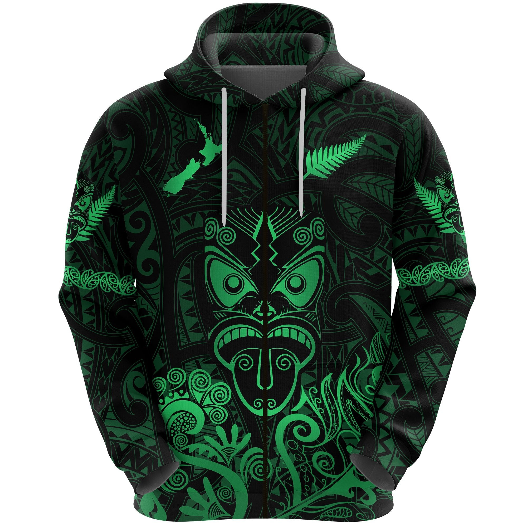 Maori Aotearoa Rugby Haka Zip Hoodie New Zealand Silver Fern Green Unisex Green - Polynesian Pride