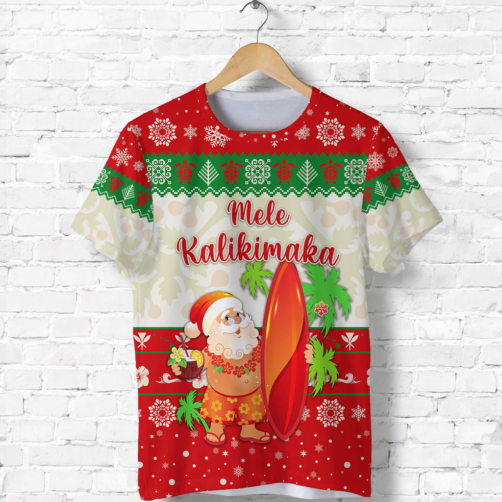 Custom Hawaii Christmas T Shirt Santa Claus Surfing Simple Style Beige Red LT8 - Polynesian Pride