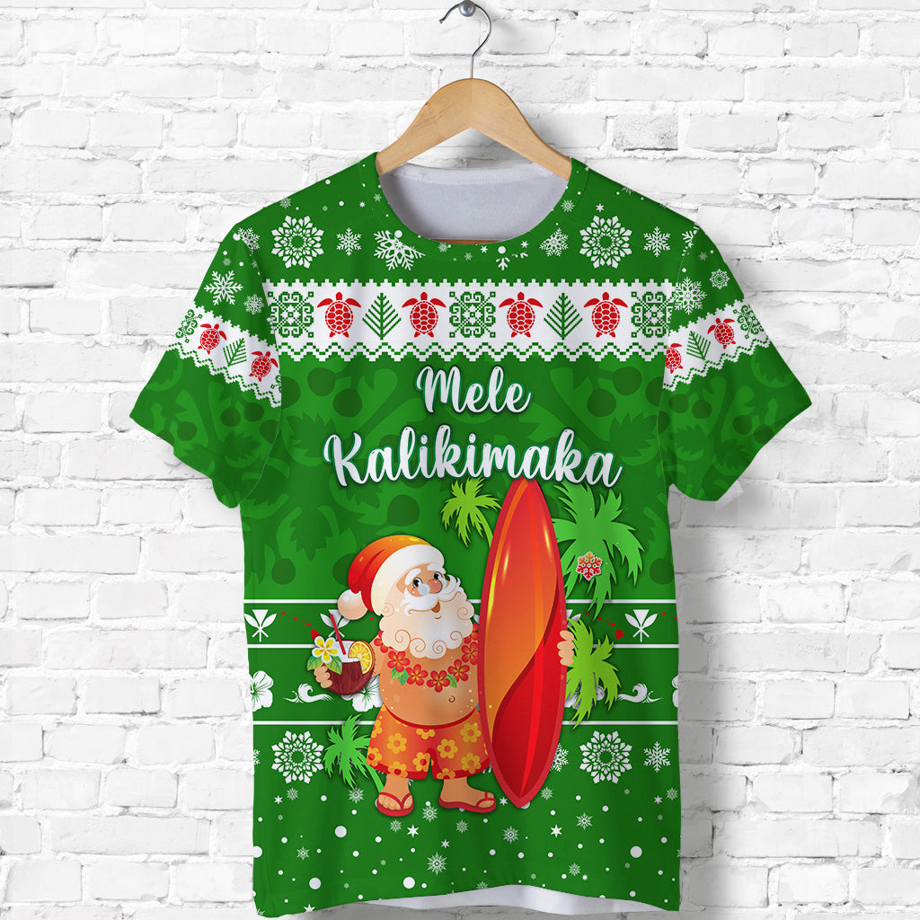 Custom Hawaii Christmas T Shirt Santa Claus Surfing Simple Style Green LT8 - Polynesian Pride