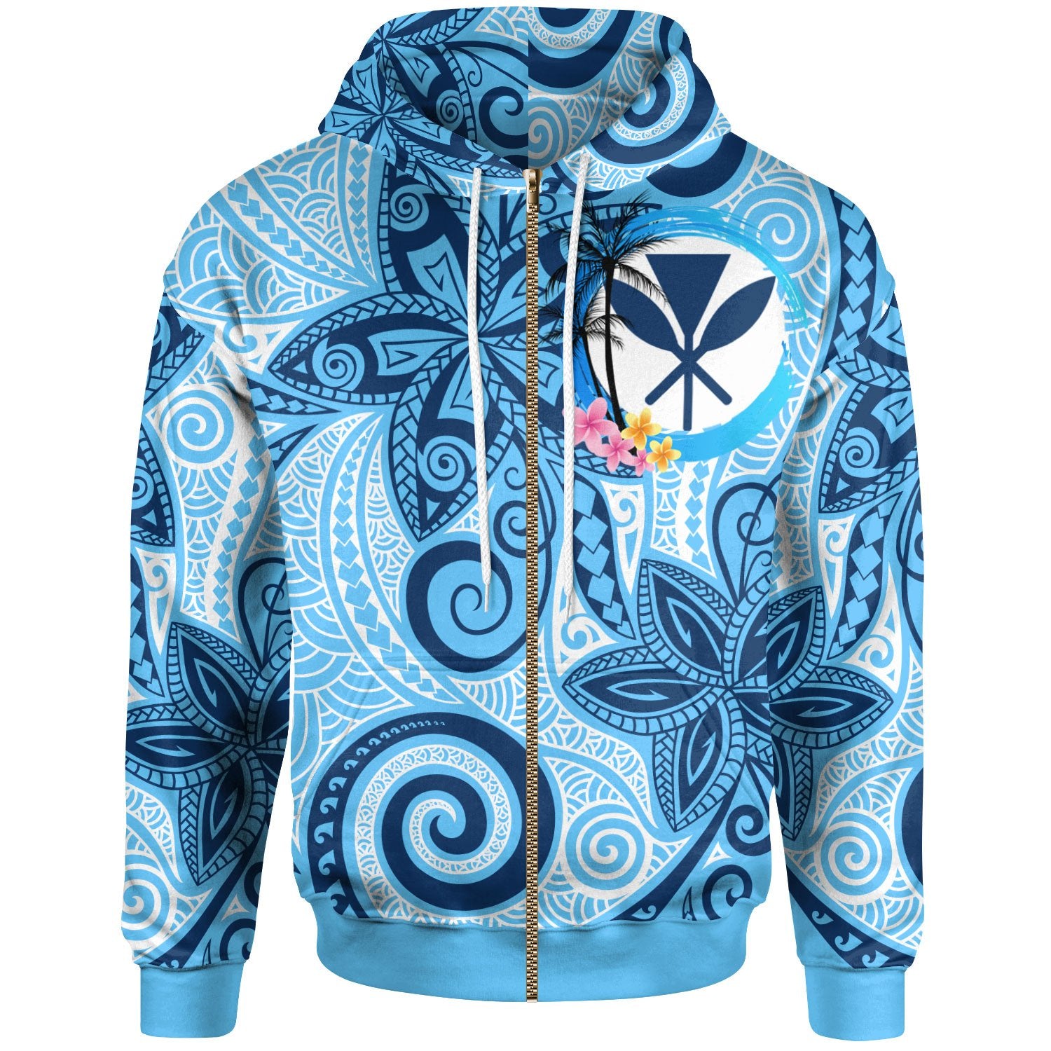 Hawaii Zip Hoodie Tribal Plumeria Pattern Unisex Blue - Polynesian Pride