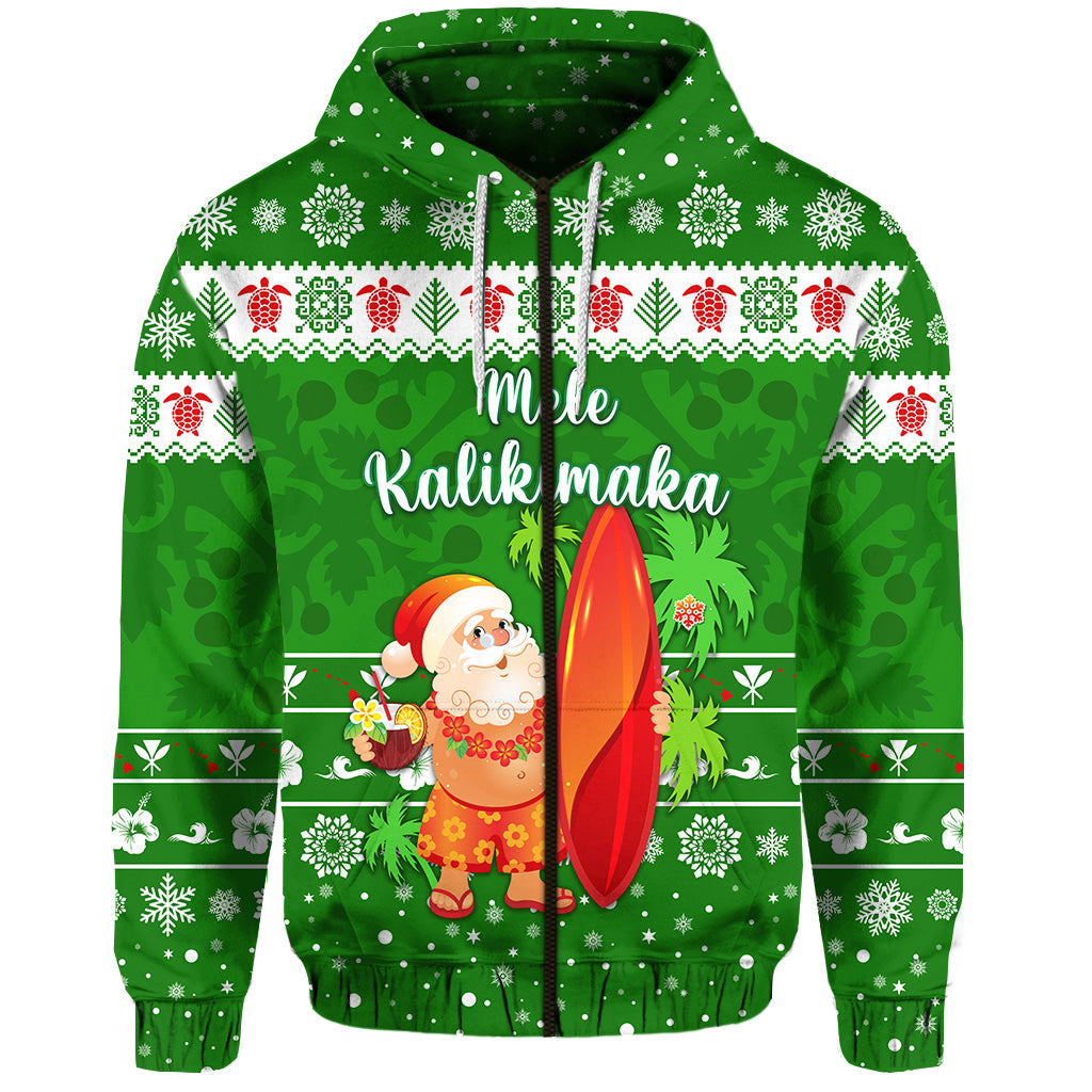 Custom Hawaii Christmas Zip Hoodie Santa Claus Surfing Simple Style Green LT8 - Polynesian Pride