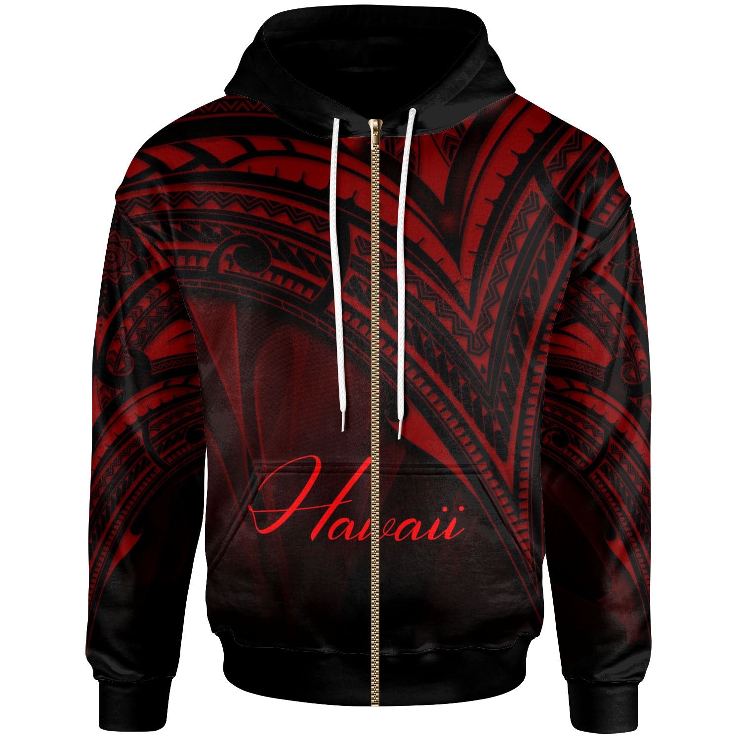 Hawaii Zip Hoodie Red Color Cross Style Unisex Black - Polynesian Pride