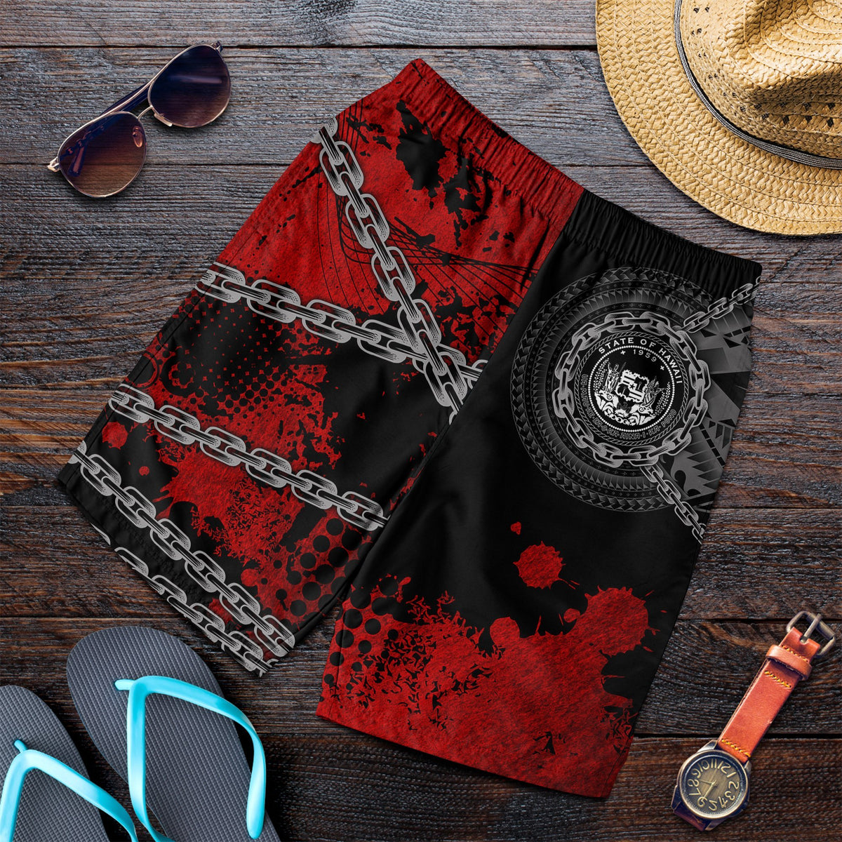 Hawaii Polynesian Men's Shorts - Polynesian Chain Style Black - Polynesian Pride