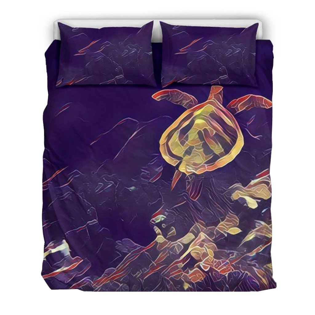 Hawaiian Duvet Cover Set - Sea Turtle Drawing (Violet) - Polynesian Pride