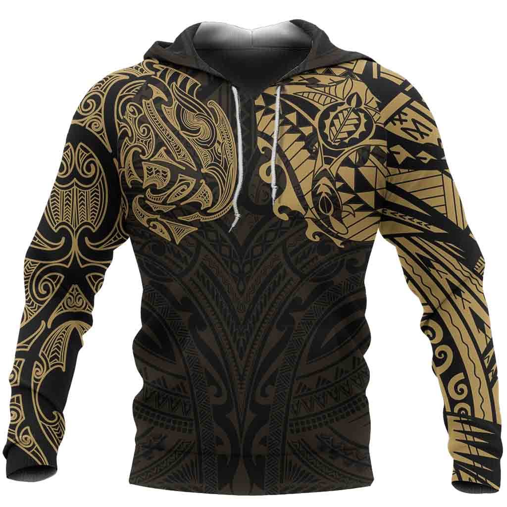 New Zealand Hoodie, Maori Polynesian Tattoo Gold Unisex Black - Polynesian Pride