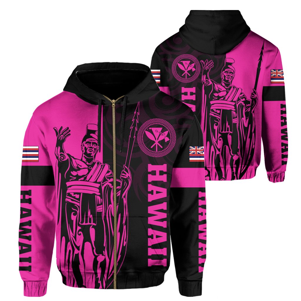 Hawaii King Polynesian Hoodie (Zip up) Lawla Style Pink Unisex Pink - Polynesian Pride