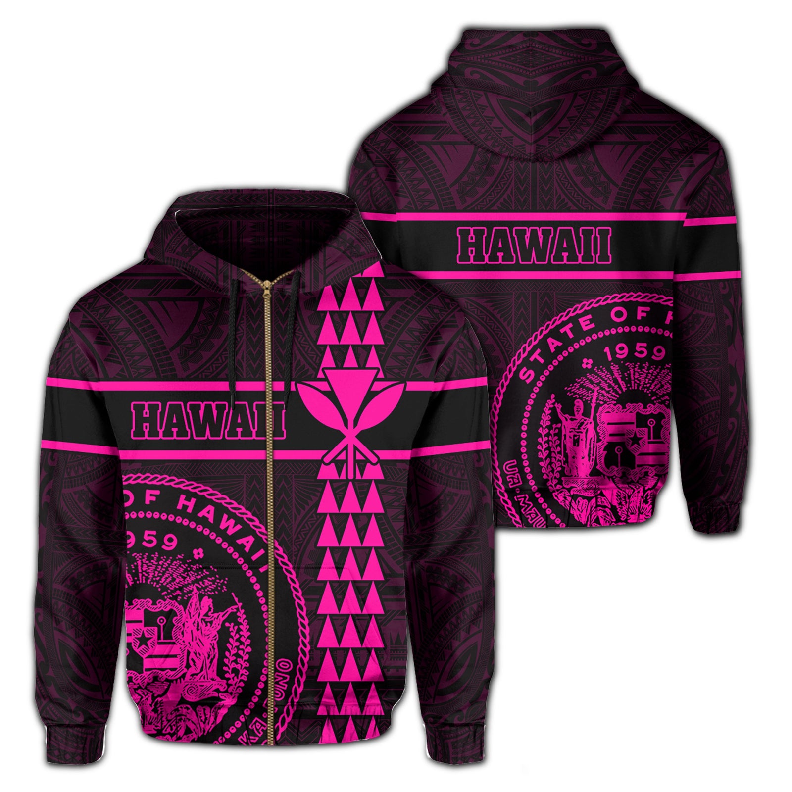 Polynesian Kakau Kanaka Seal of Hawaii Zip Hoodie Pink Unisex Pink - Polynesian Pride