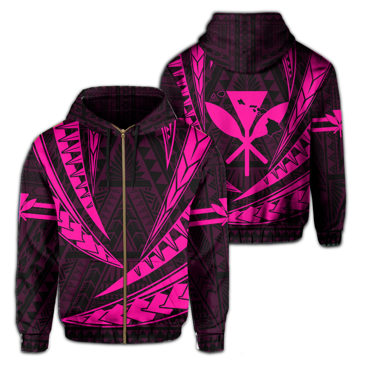 Polynesian Kakau Kanaka Maoli Map Hawaii Zip Hoodie Pink Unisex Pink - Polynesian Pride