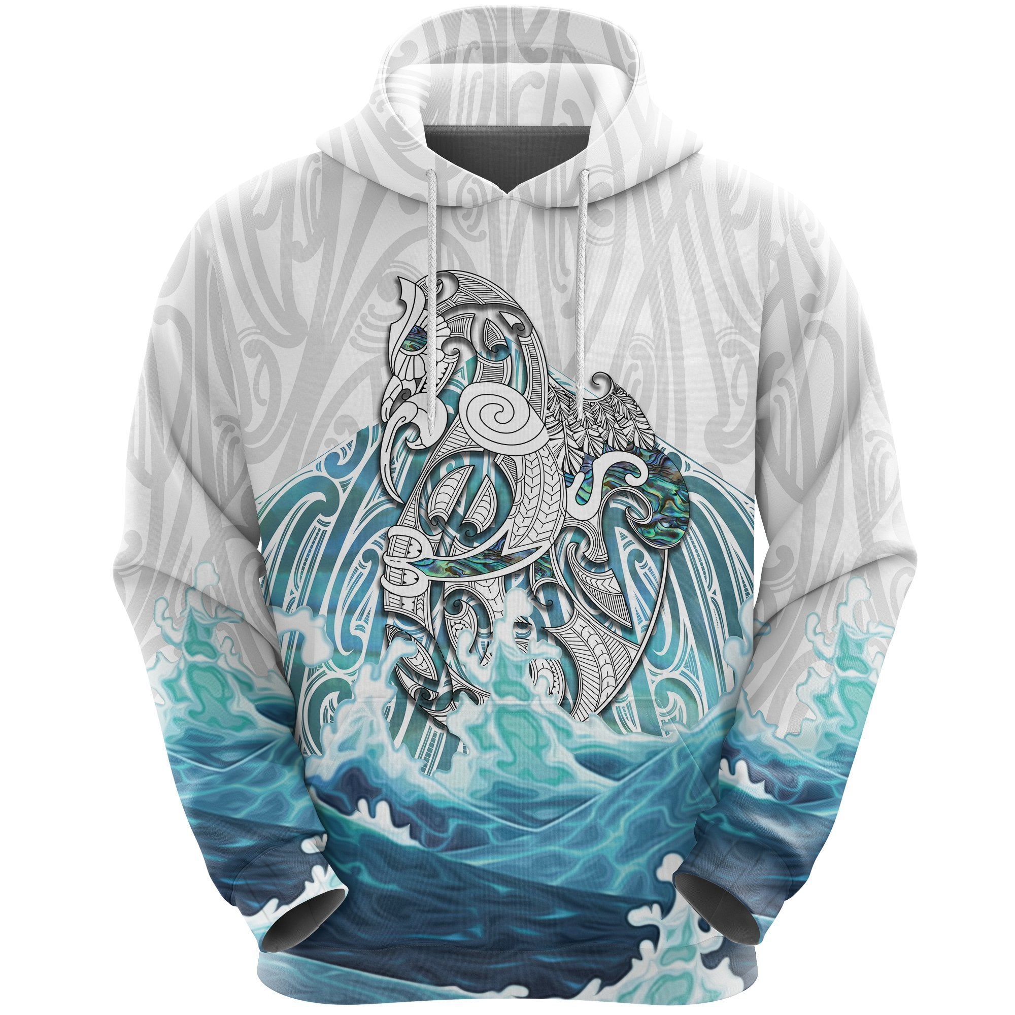 Maori Manaia The Blue Sea Hoodie, White Unisex Black - Polynesian Pride