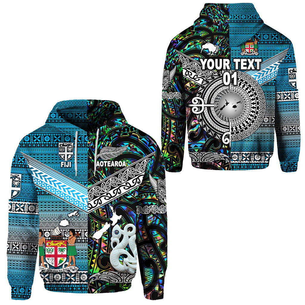 Custom New Zealand Fiji Hoodie Maori and Tapa Together Paua Shell, Custom Text and Number LT8 Unisex Blue - Polynesian Pride