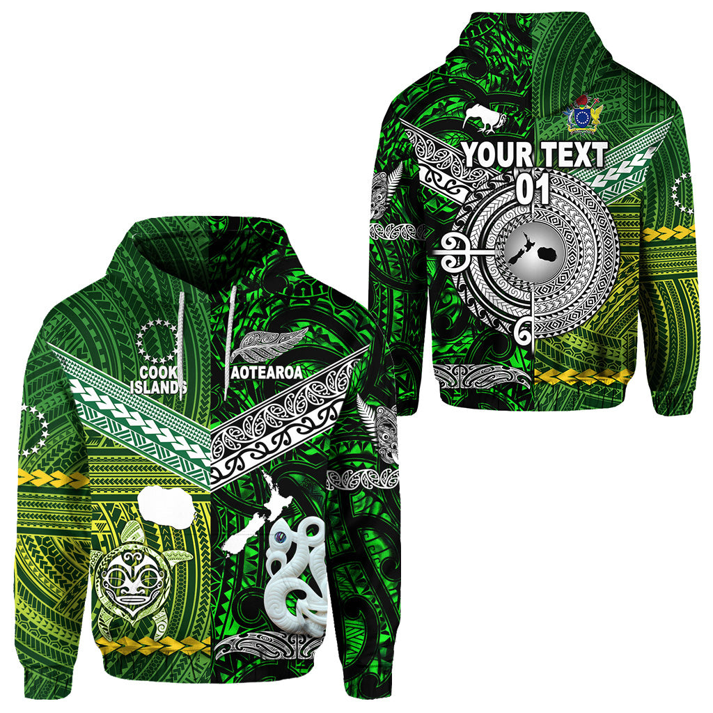 Custom New Zealand Cook Islands Hoodie Maori and Polynesian Together Green, Custom Text and Number LT8 Unisex Green - Polynesian Pride