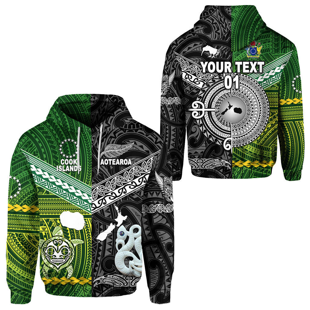 Custom New Zealand Cook Islands Hoodie Maori and Polynesian Together Black, Custom Text and Number LT8 Unisex Green - Polynesian Pride