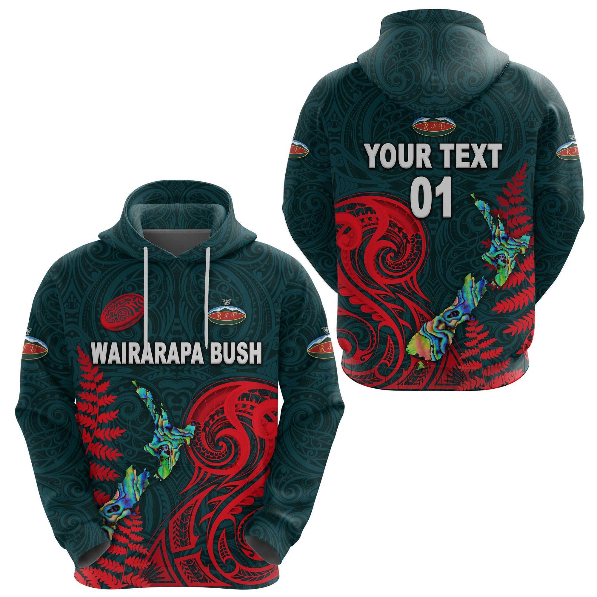 Custom Maori Wairarapa Bush Rugby Hoodie New Zealand Silver Fern, Custom Text and Number Unisex Green - Polynesian Pride