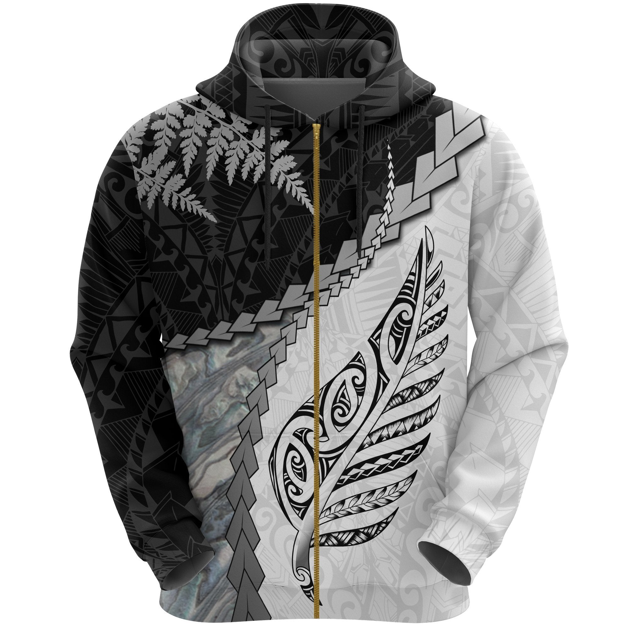 Paua Shell Maori Silver Fern Zip Hoodie White Unisex Black - Polynesian Pride