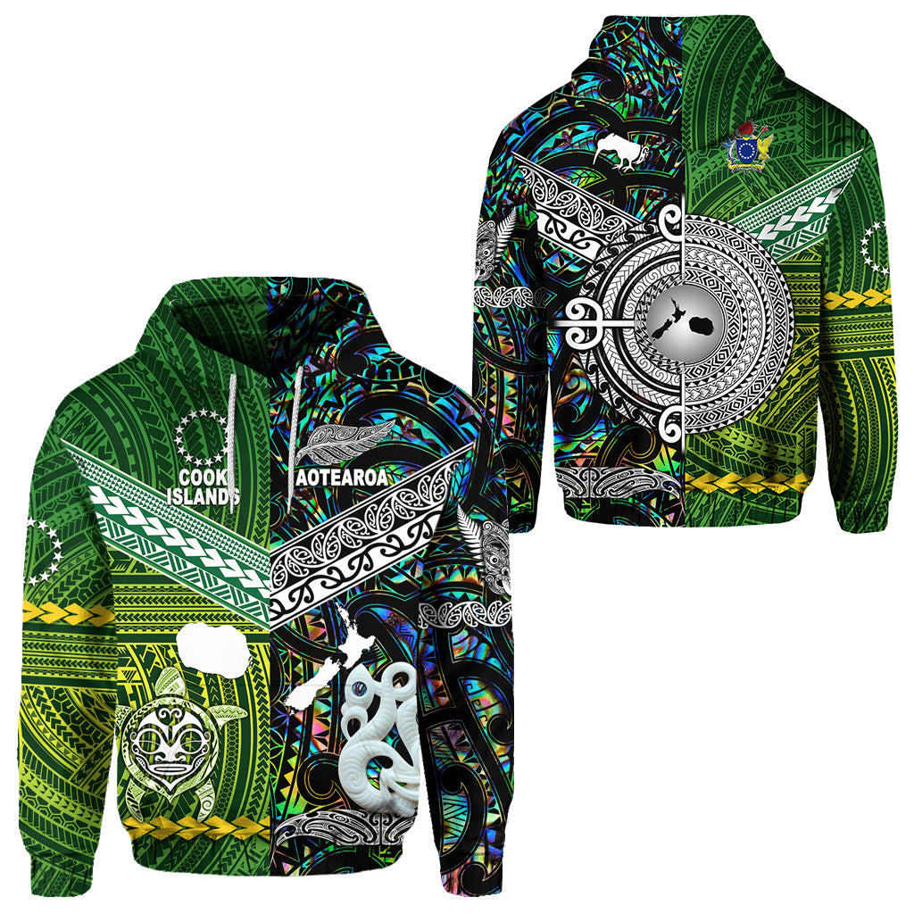 New Zealand Cook Islands Hoodie Maori and Polynesian Together Paua Shell LT8 Unisex Green - Polynesian Pride