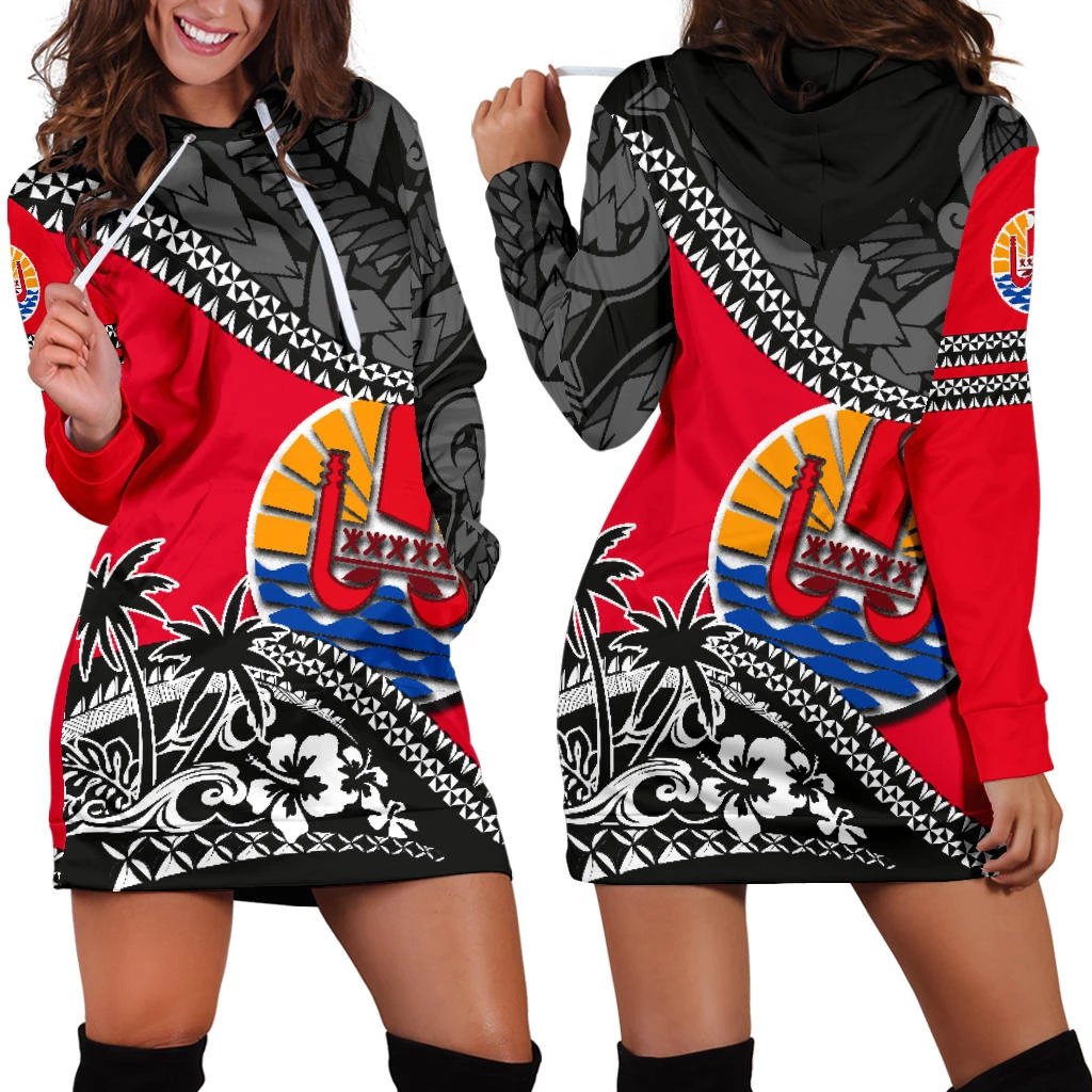 Tahiti Hoodie Dress - Tahiti Flag Fall In The Wave K9 Red - Polynesian Pride