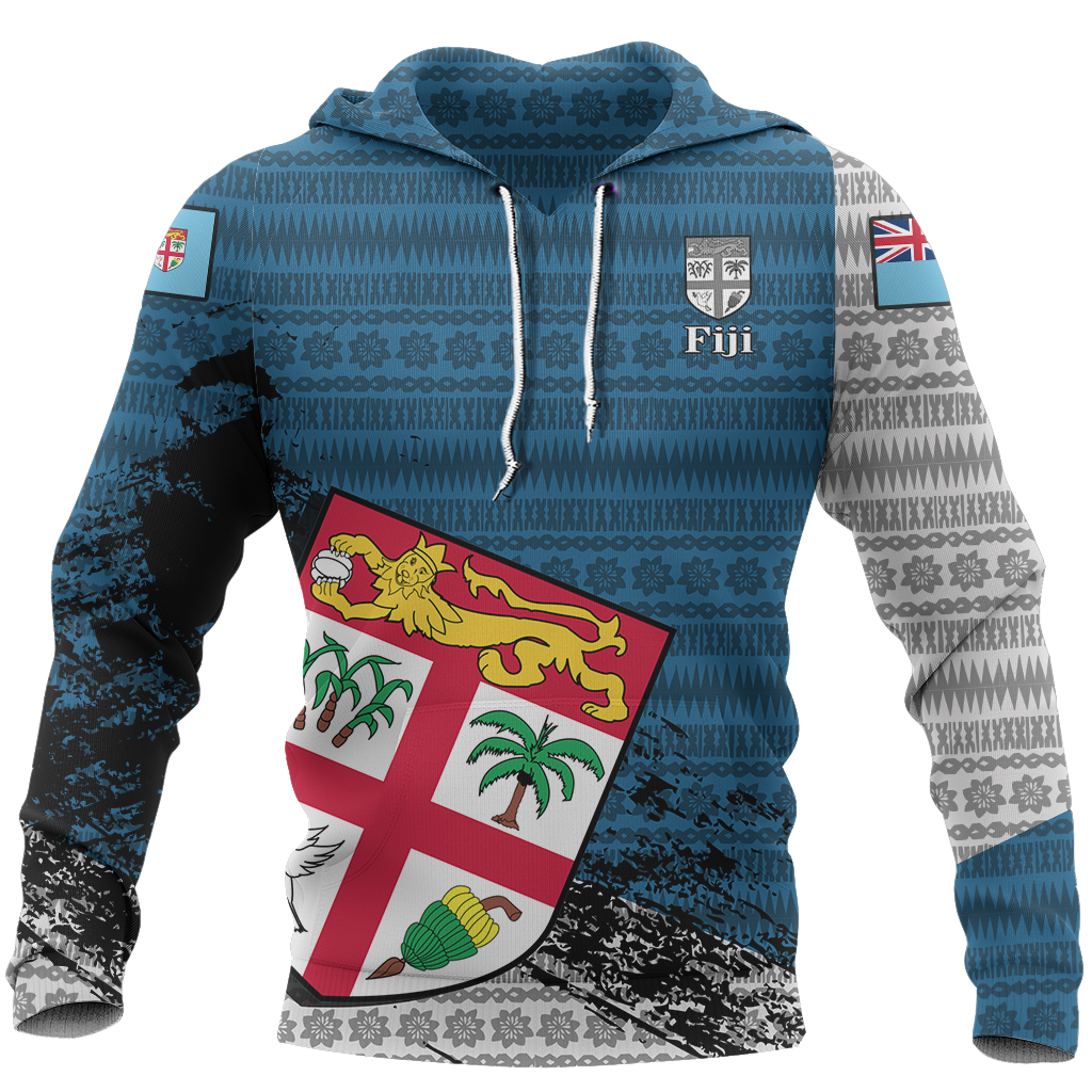 Fiji Tapa Hoodie Fiji Flag Special Z2 Unisex Blue - White - Polynesian Pride