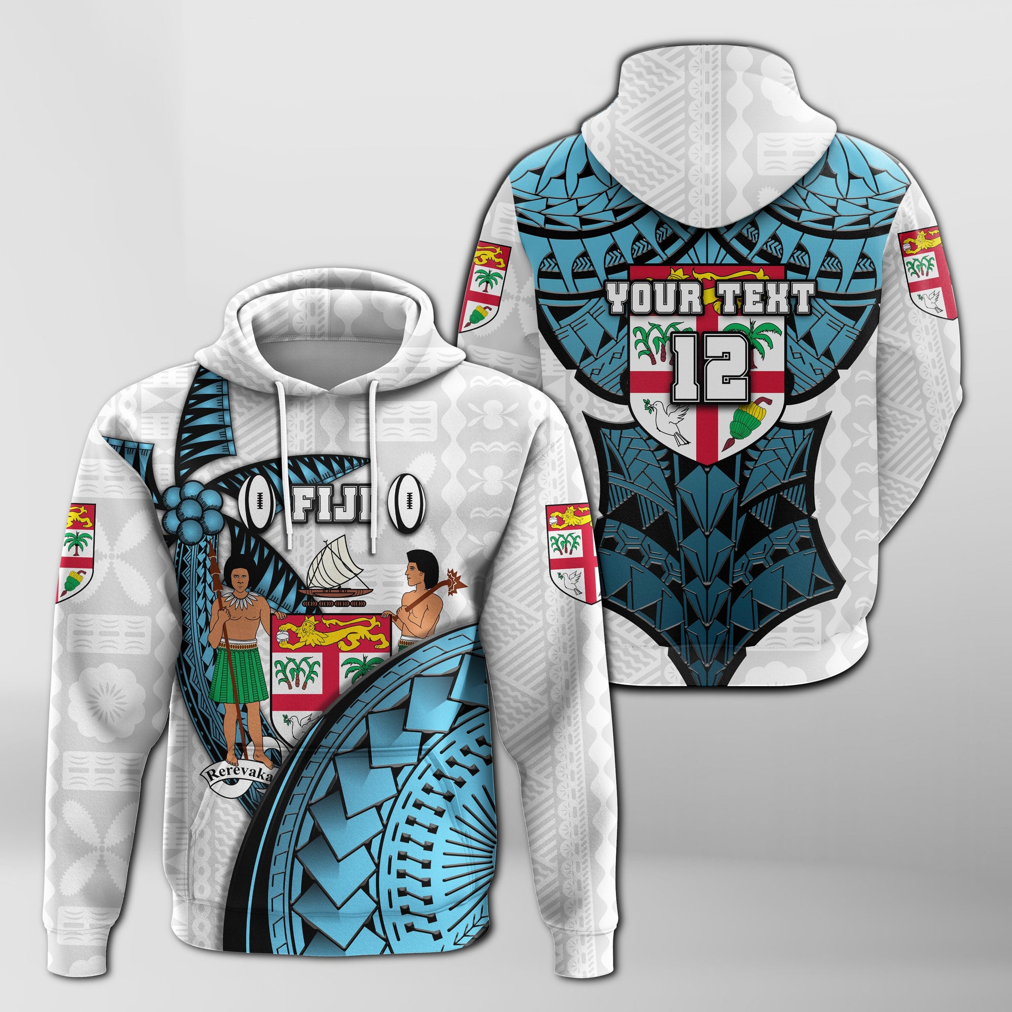 Custom Fiji Tapa Rugby Hoodie Armor Style White Unisex White - Polynesian Pride