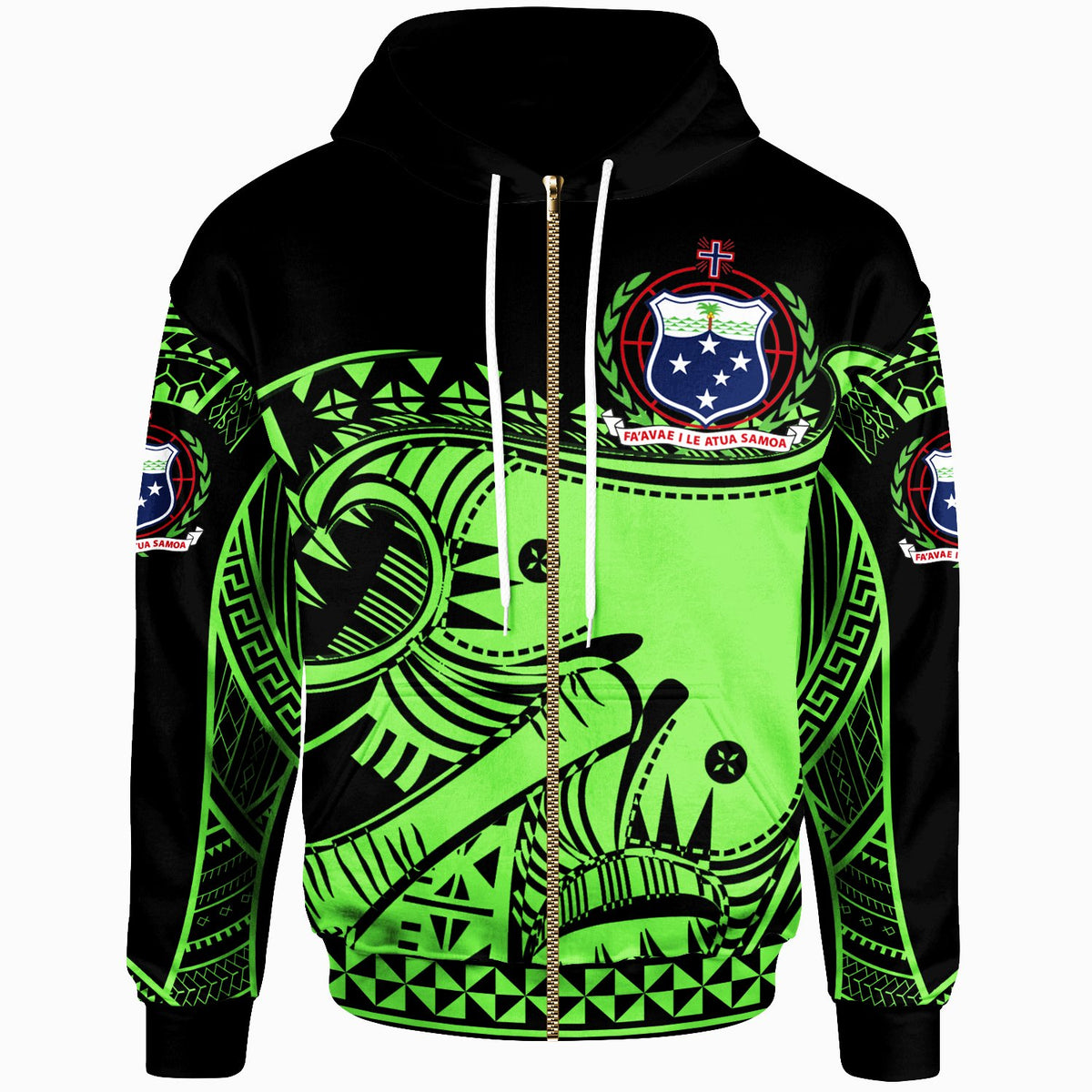 Samoa Custom Zip up Hoodie Dynamic Sport Style Green Neon Color Unisex Green - Polynesian Pride