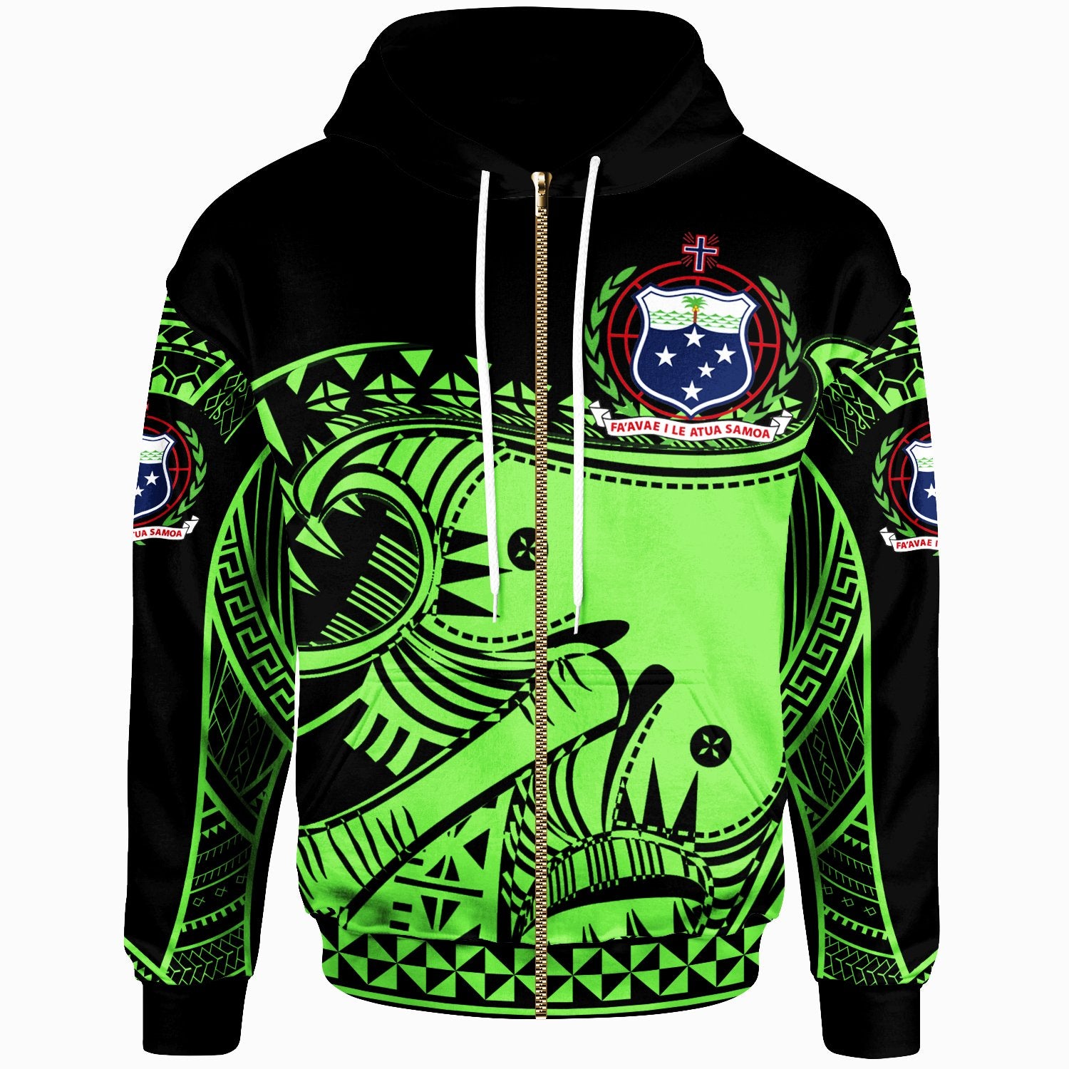 Samoa Custom Zip up Hoodie Dynamic Sport Style Green Neon Color Unisex Green - Polynesian Pride