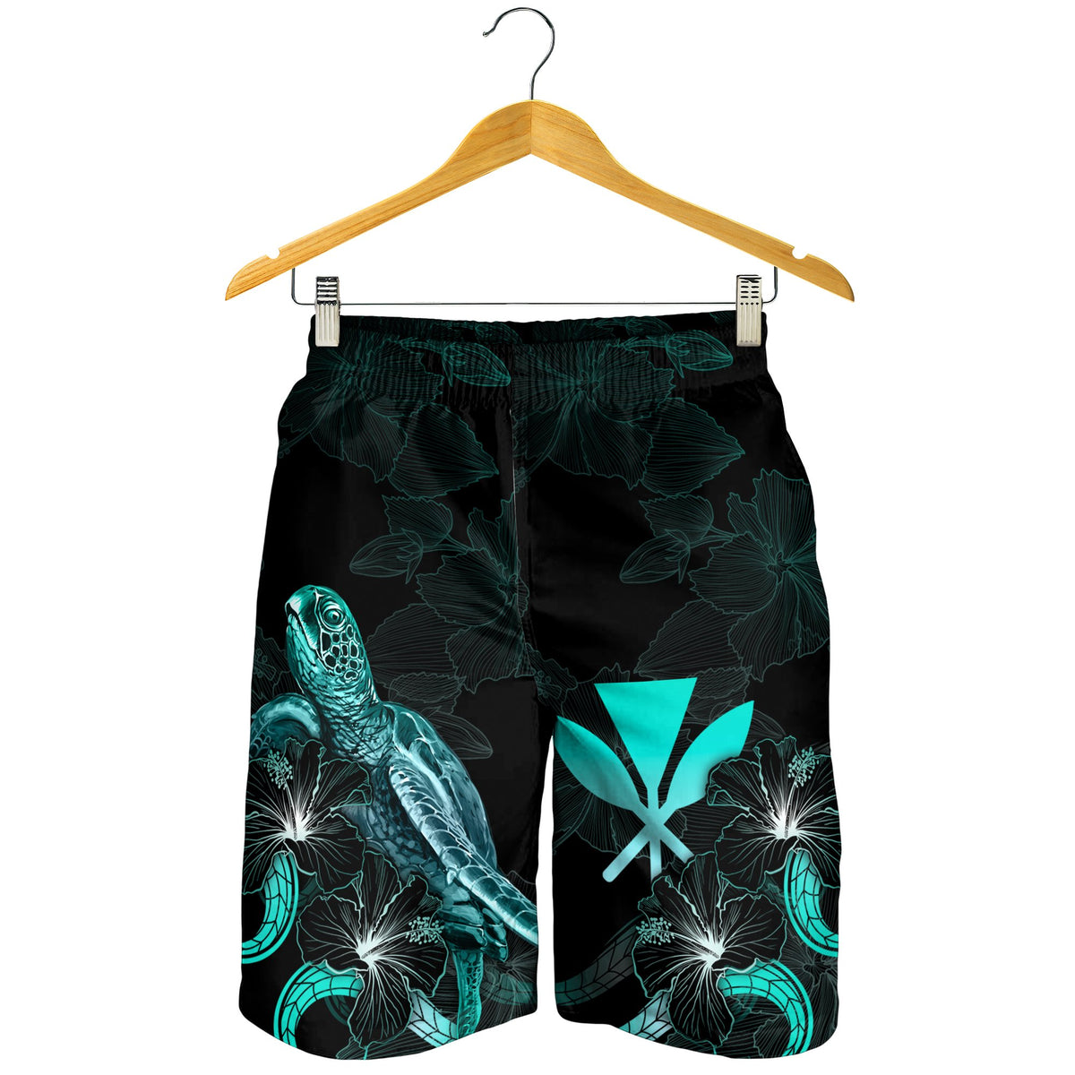 Hawaii Polynesian Men's Shorts - Turtle With Blooming Hibiscus Turquoise - Polynesian Pride