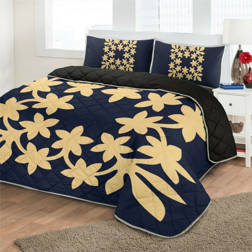 Hawaiian Royal Pattern Quilt Bed Set - Indigo - L3 Style - AH - Polynesian Pride