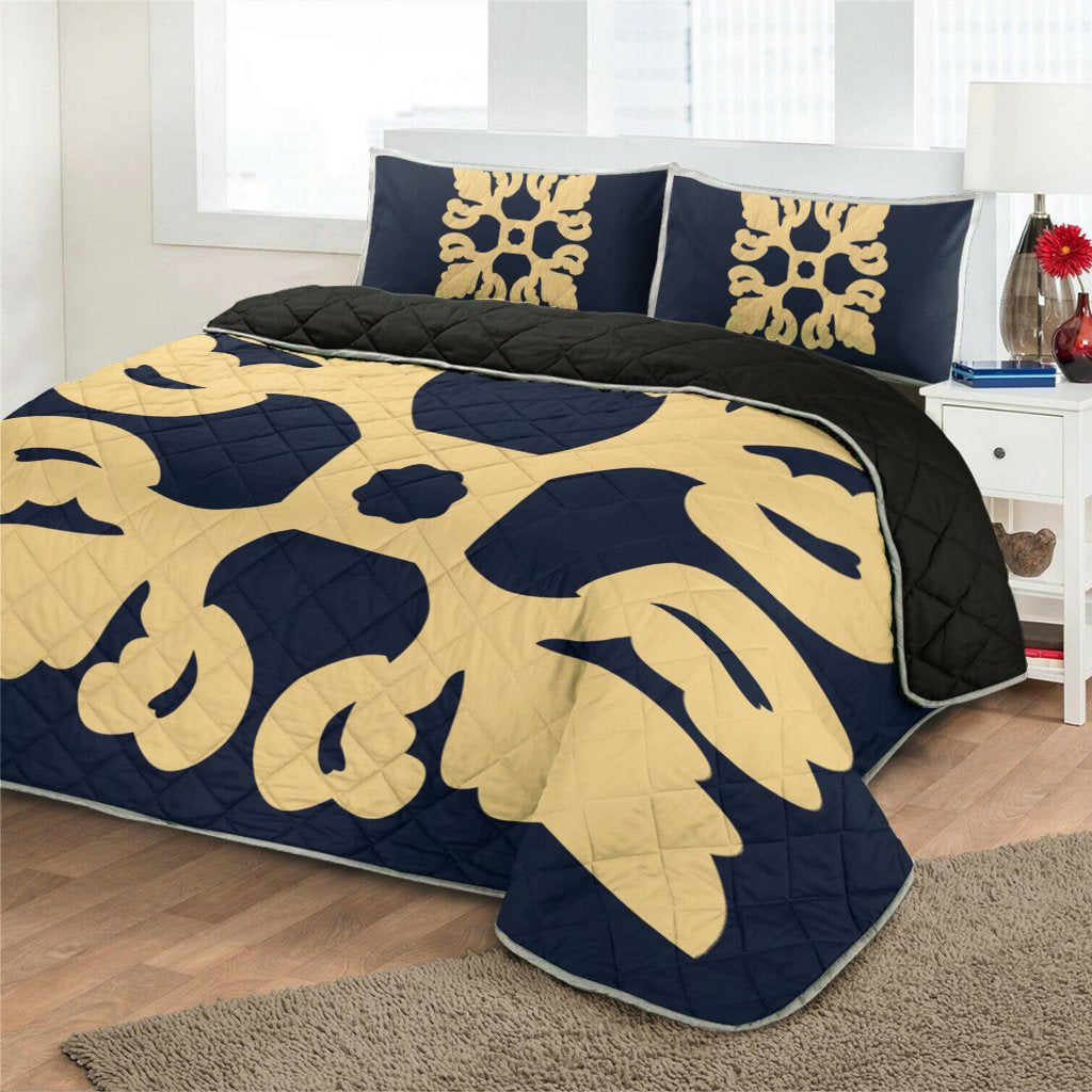 Hawaiian Royal Pattern Quilt Bed Set - Indigo - M1 Style - AH - Polynesian Pride