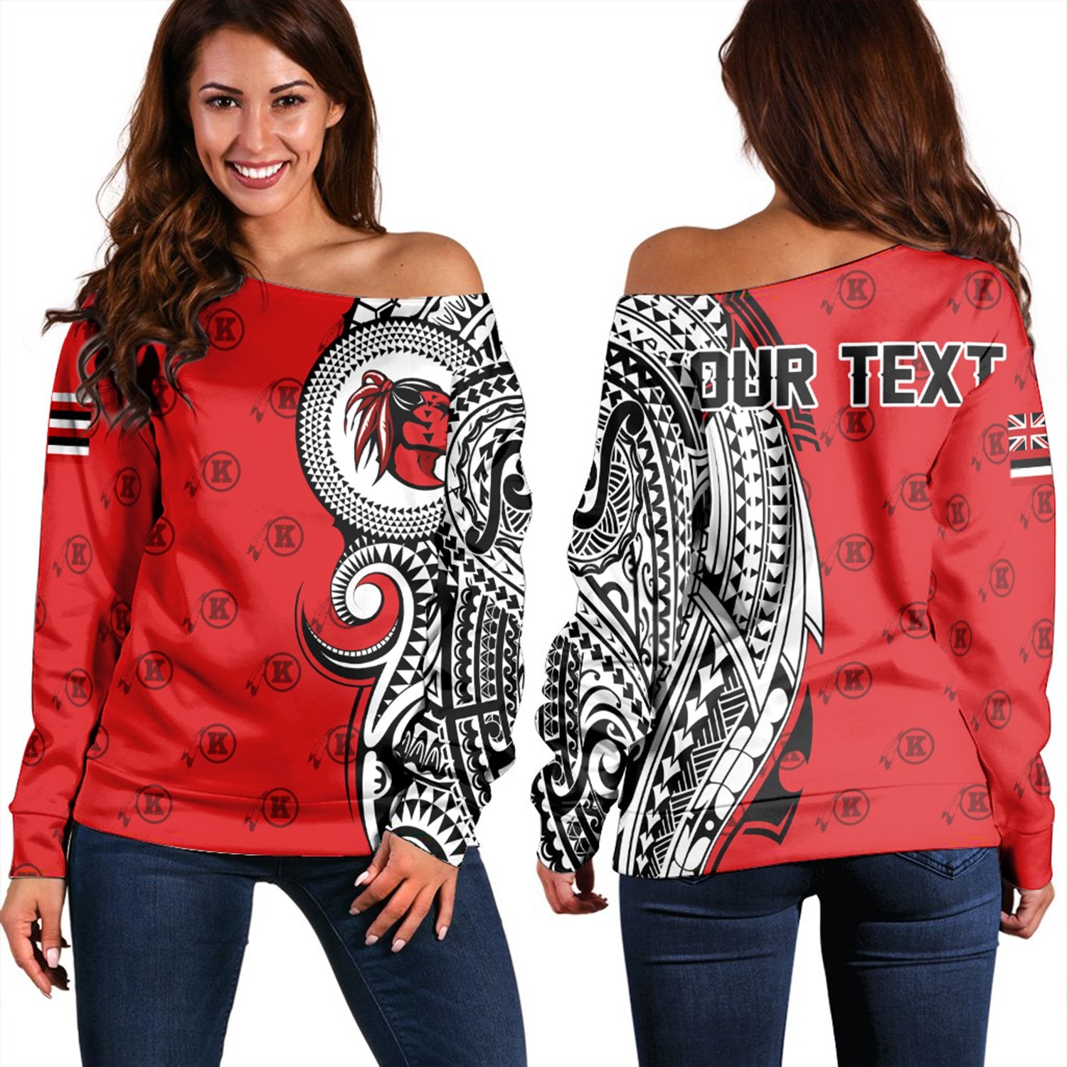 (Personalised) Hawaii - Kahuku High Tribal Kakau Women's Off Shoulder Sweatshirt AH Red - Polynesian Pride