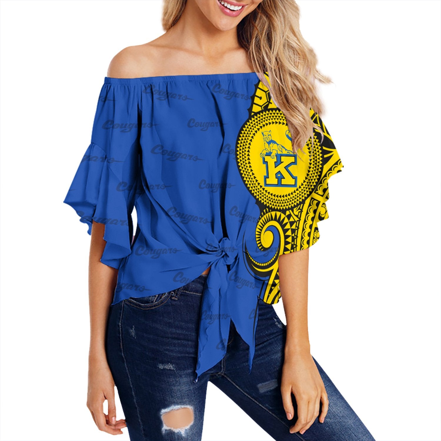 (Personalised) Hawaii - Kaiser High Tribal Kakau Off Shoulder Waist Wrap Top AH Female Blue - Polynesian Pride