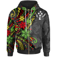 Kosrae Zip Hoodie Tribal Flower With Special Turtles Unisex Black - Polynesian Pride