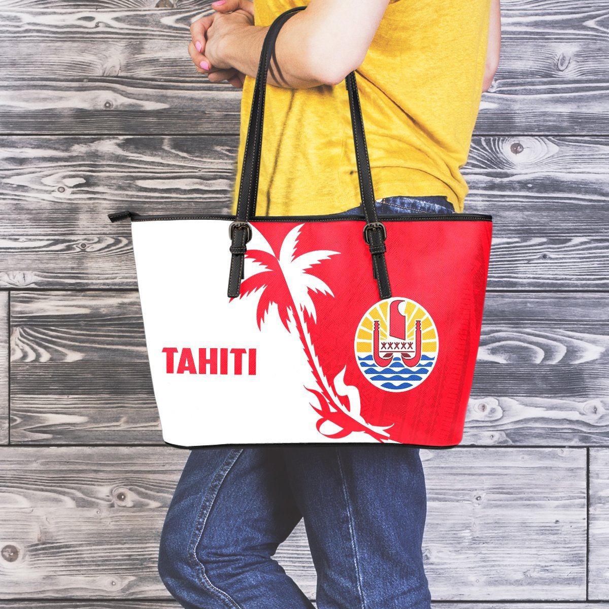 Tahiti Polynesian Coconut Tree Large Leather Tote Bag - Polynesian Pride