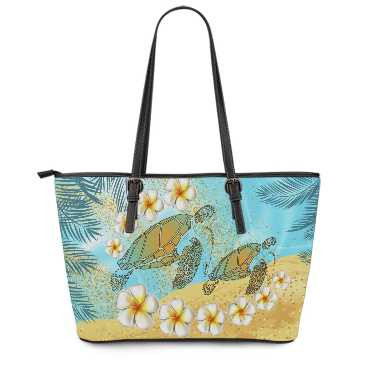 Hawaii Turtle Plumeria Summer Leather Tote - Sea Style - AH Blue - Polynesian Pride