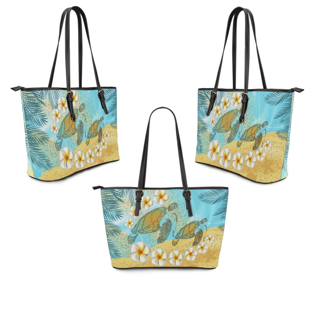 Hawaii Turtle Plumeria Summer Leather Tote - Sea Style - AH - Polynesian Pride