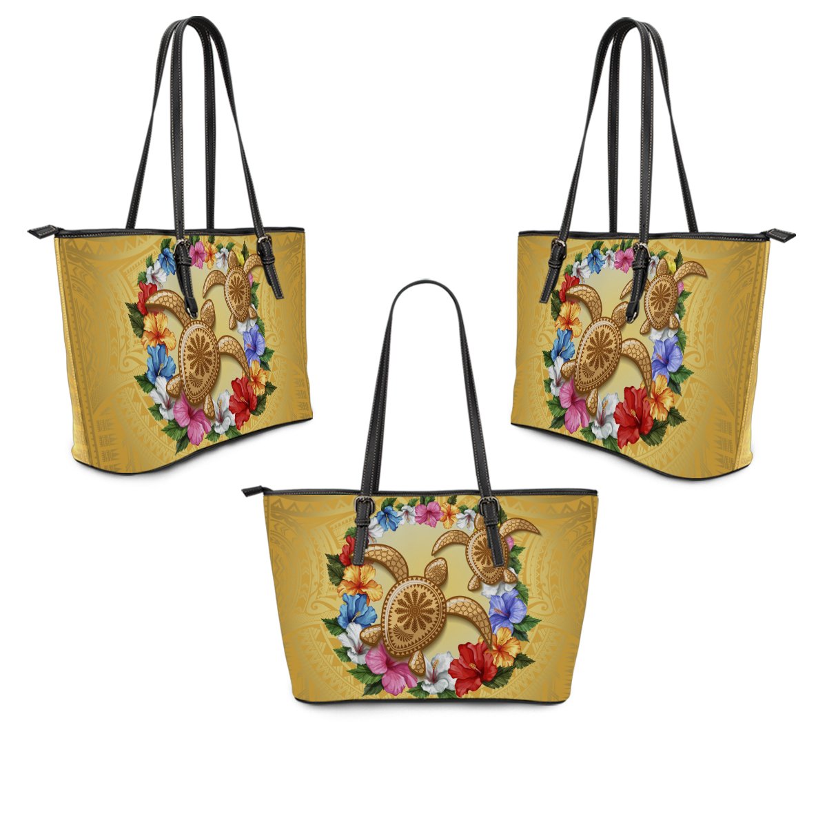 Hawaii Turtle Hibiscus Wreath Polynesian Leather Tote - Crown Style - AH - Polynesian Pride