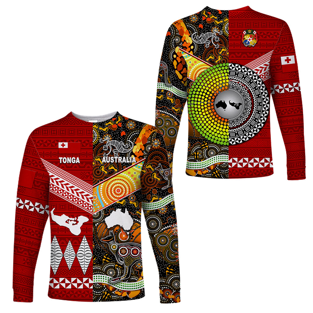 Tonga Ngatu And Australia Aboriginal Long Sleeve Shirts Together LT8 Unisex Red - Polynesian Pride