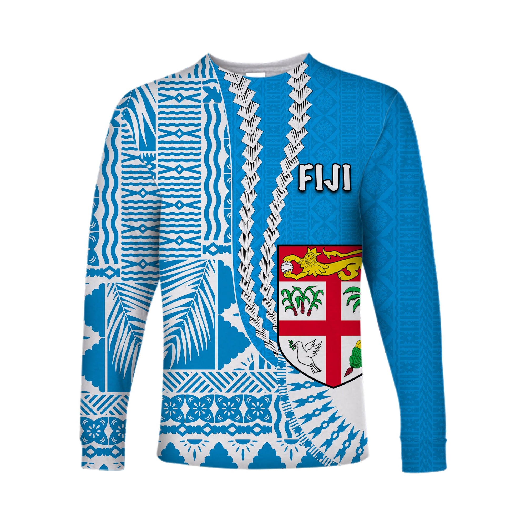 (Custom Personalised) Fiji Long Sleeve Shirt Masi Tapa Patterns Blue Style LT6 Unisex Blue - Polynesian Pride